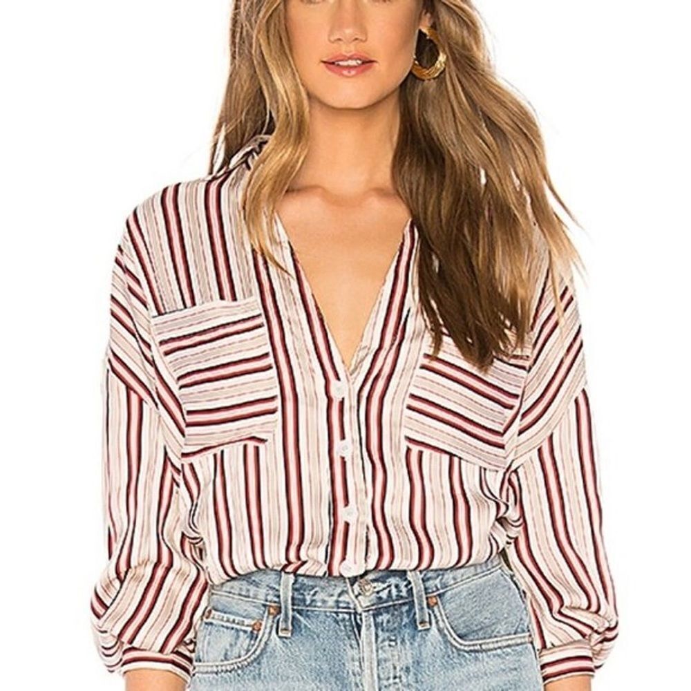 Free People Striped Button-Front Blouse in White and Burgundy